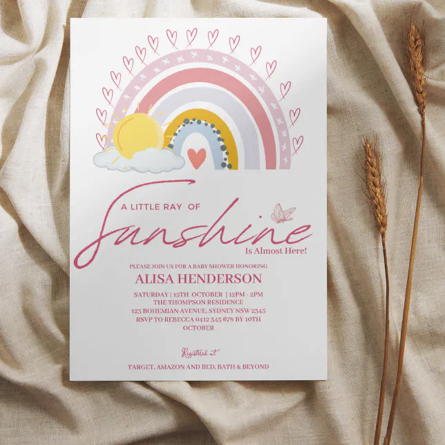 Muted Pink Ray of Sunshine Rainbow Baby Shower Inv Invitation | Zazzle