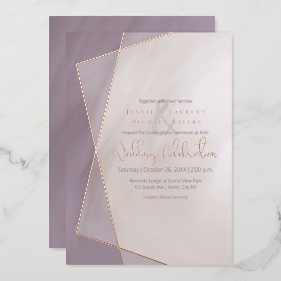 muted plum gold frame typography wedding rose gold foil invitation
