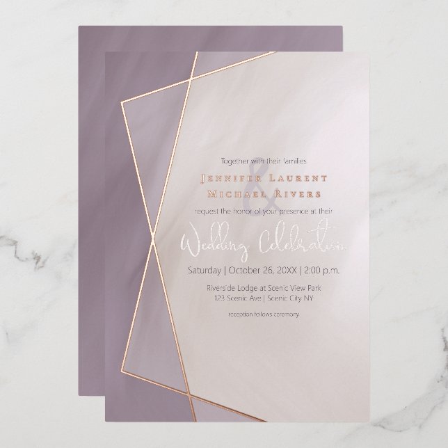 muted plum gold frame typography wedding rose gold foil invitation (Front/Back)