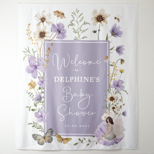 Muted Purple Wildflower Fairy Baby Shower Welcome Tapestry