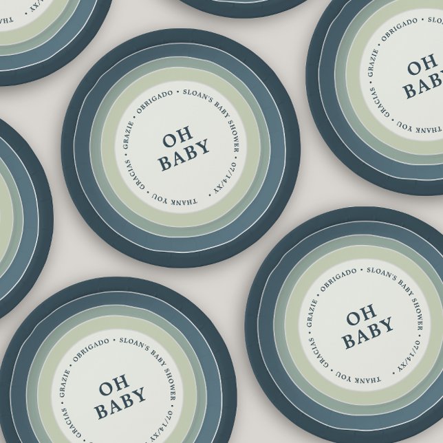 Muted Rainbow Baby Shower Boy Blue Green  Paper Plates (Creator Uploaded)