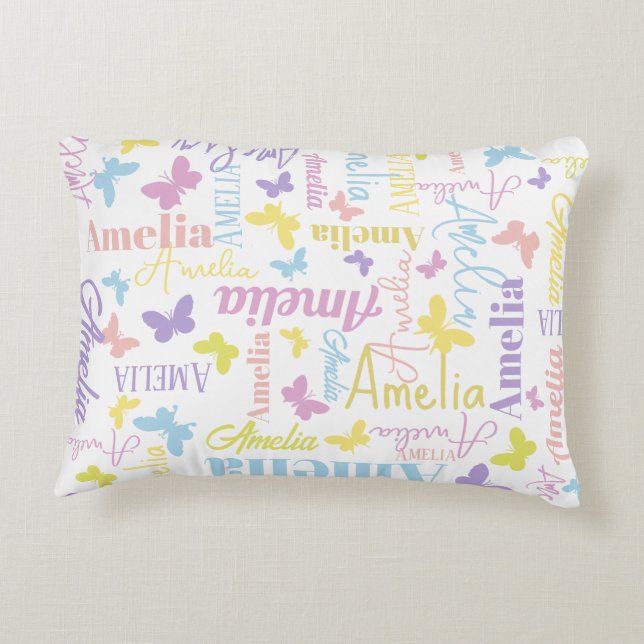 Muted rainbow butterflies custom name Amelia Accent Pillow (Back)
