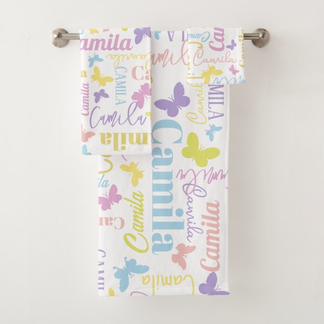 Muted rainbow butterflies custom name Camila  Bath Towel Set (Insitu)