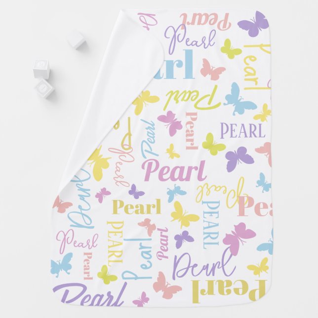 Muted rainbow butterflies custom name pearl baby blanket (In Situ)