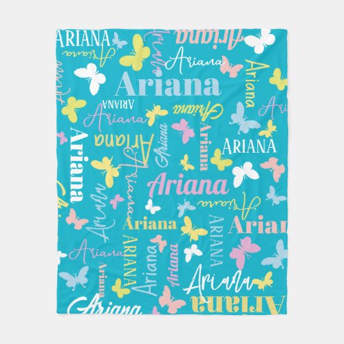 Muted rainbow butterfly custom name Ariana aqua Fleece Blanket