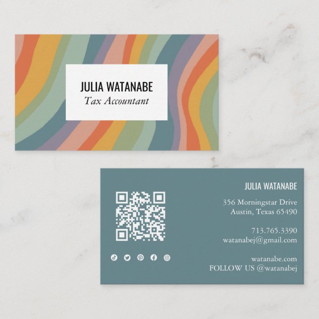 Muted Rainbow Stripes QR Code Social Media Chic Business Card (Front/Back)