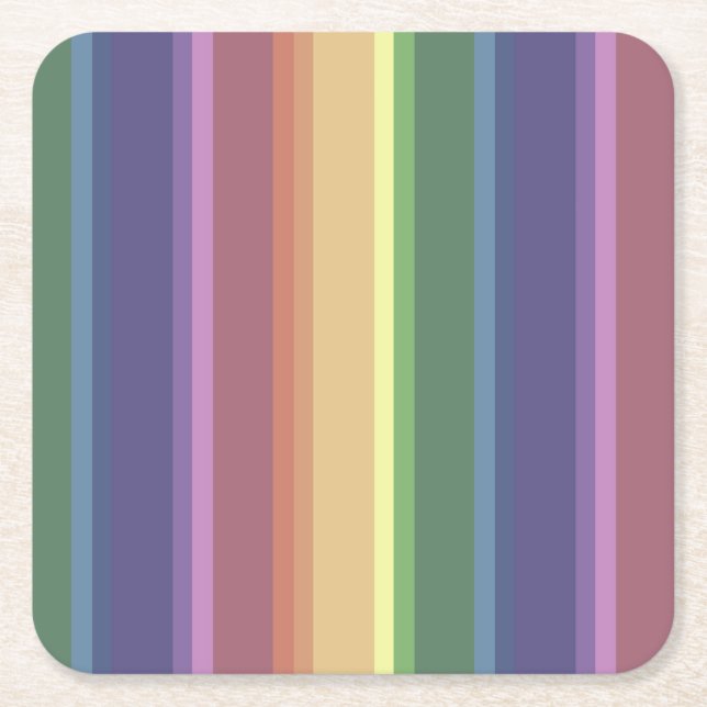 Muted rainbow stripes square paper coaster (Front)