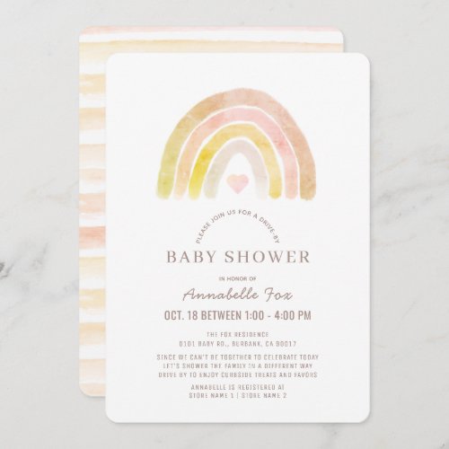 Muted Rainbow Watercolor Pink Drive_by Baby Shower Invitation