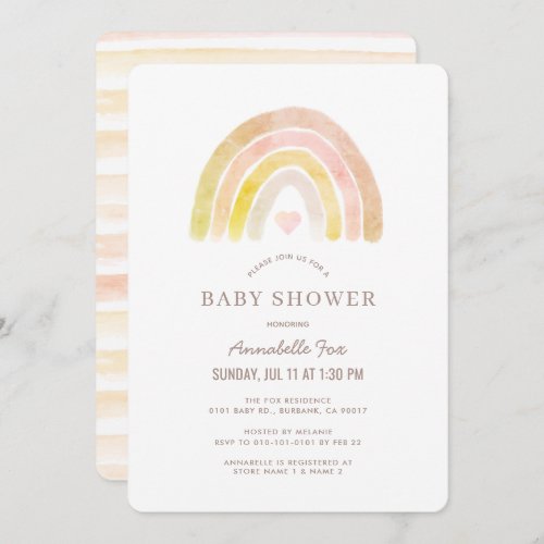 Muted Rainbow Watercolor Pink Girl Baby Shower Invitation