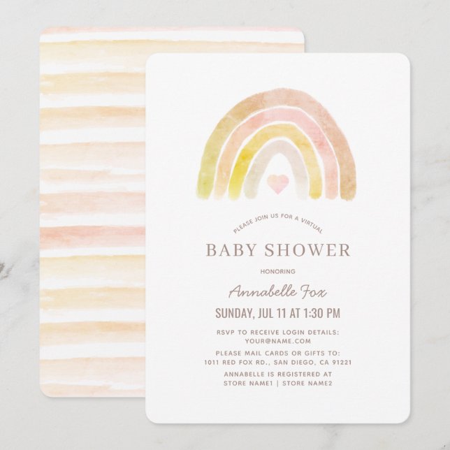 Muted Rainbow Watercolor Pink Virtual Baby Shower Invitation (Front/Back)