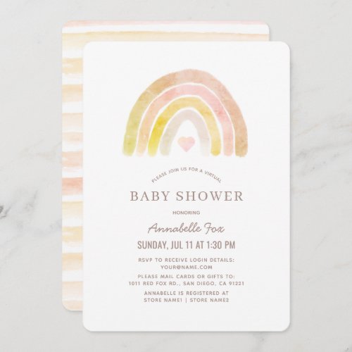 Muted Rainbow Watercolor Pink Virtual Baby Shower Invitation