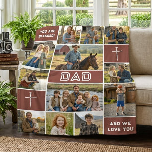 Muted Red 12 Photo Dad Name Bold White Legacy Fleece Blanket