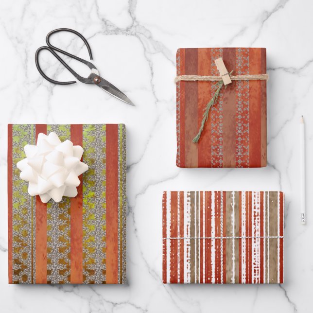 Muted Red and Green Stripe Fall Wrapping Paper Sheets (Front)