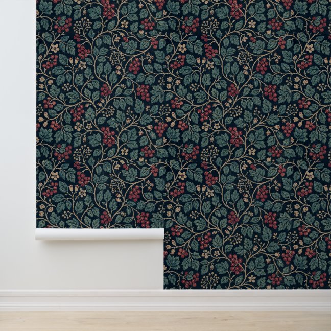 Muted Red Berry and Green Leaf Pattern Wallpaper