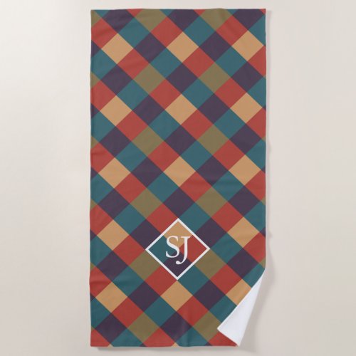 Muted red green and beige plaid pattern monogram beach towel