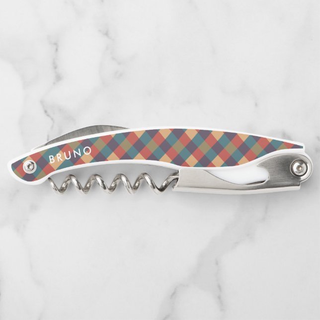 Muted red green and beige plaid pattern waiter's corkscrew (Back)
