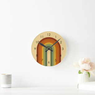 Muted Retro Groovy Layered Rainbow Aesthetic Round Clock