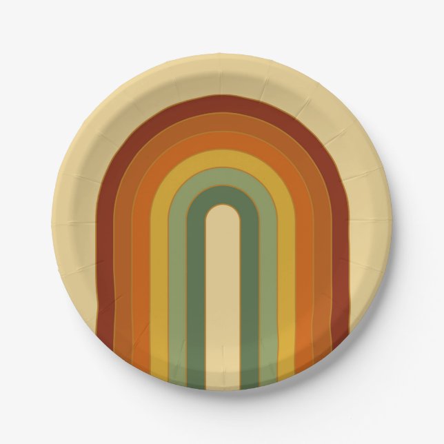 Muted Retro Groovy Layered Rainbow Round Paper Plates (Front)
