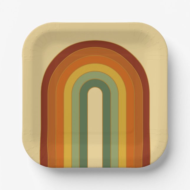 Muted Retro Groovy Layered Rainbow Square Paper Plates (Front)