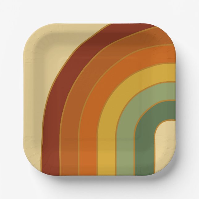 Muted Retro Layered Groovy Rainbow Square Paper Plates (Front)