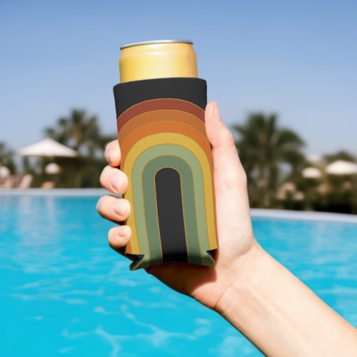 Muted Retro Seventies Groovy Rainbow Black Seltzer Can Cooler