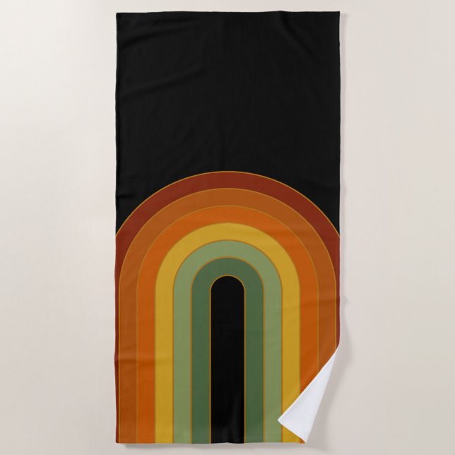 Muted Retro Seventies Rainbow Black Beach Towel (Front)