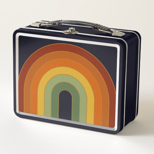 Muted Retro Seventies Rainbow Black Metal Lunch Box (Front)