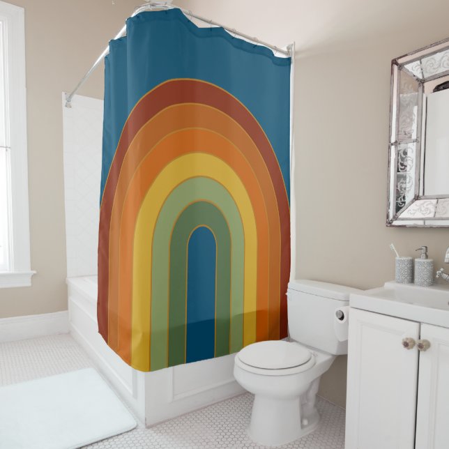 Muted Retro Seventies Rainbow Navy Blue Shower Curtain (In Situ)