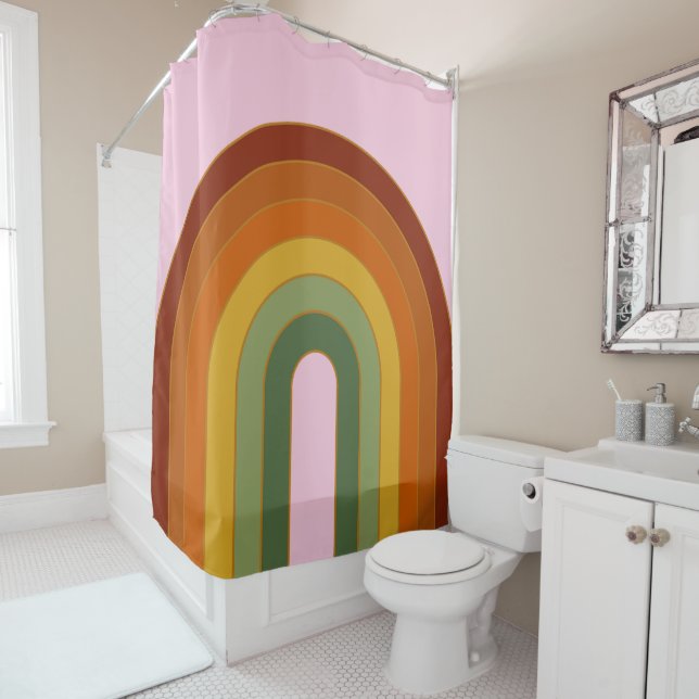 Muted Retro Seventies Rainbow Pink Shower Curtain (In Situ)