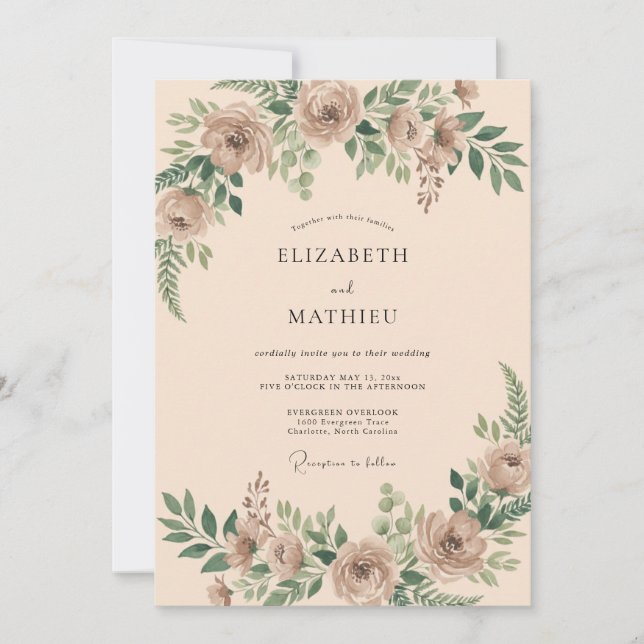 Muted Rose Botanical Watercolor Wedding Invitation (Front)