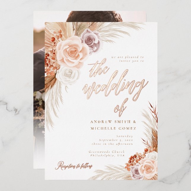 Muted Rose Pampas Terracotta Boho Photo Wedding Foil Invitation (Front/Back)