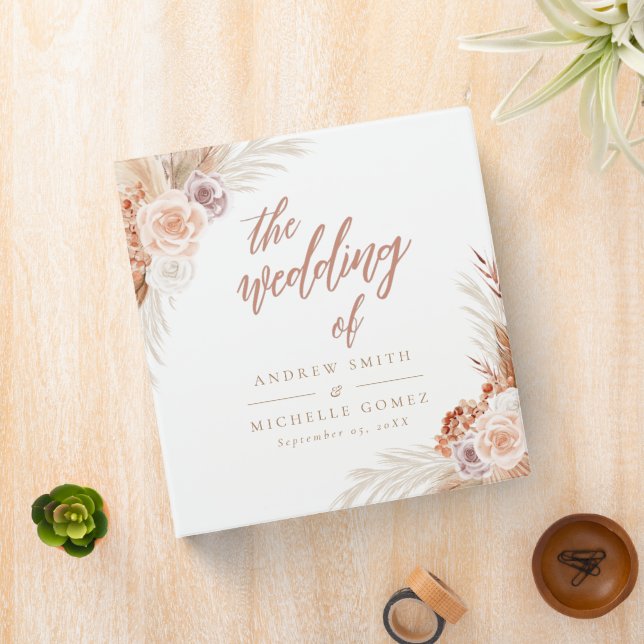 Muted Rose Pampas Terracotta Boho Wedding Album 3 Ring Binder (In Situ)
