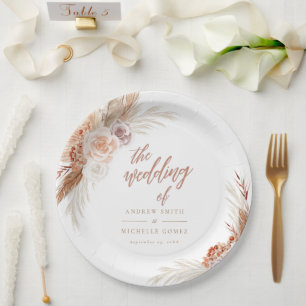 Muted Rose Pampas Terracotta Boho Wedding Paper Plates