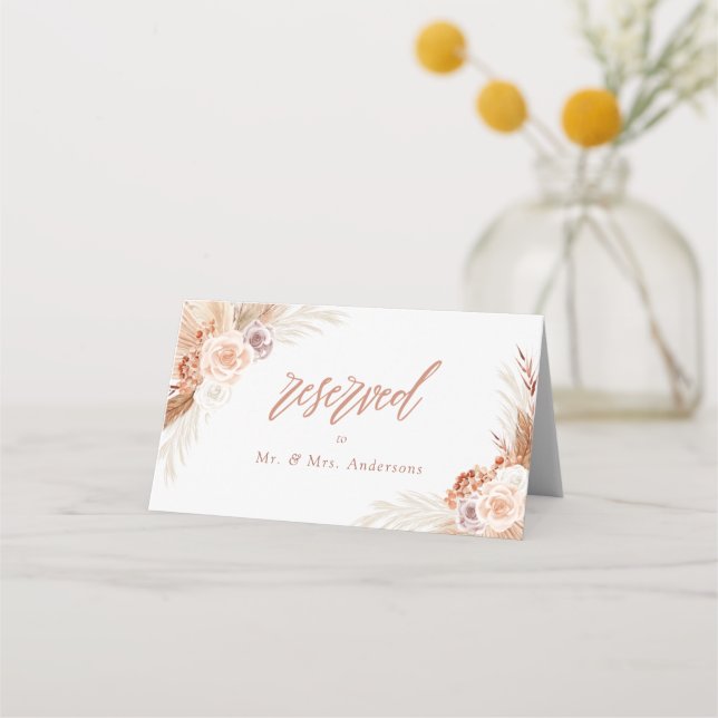 Muted Rose Pampas Terracotta Boho Wedding Place Card (Front)