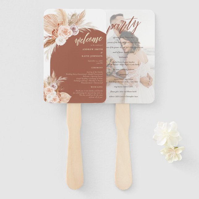 Muted Rose Pampas Terracotta Boho Wedding Program Hand Fan (Front and Back)
