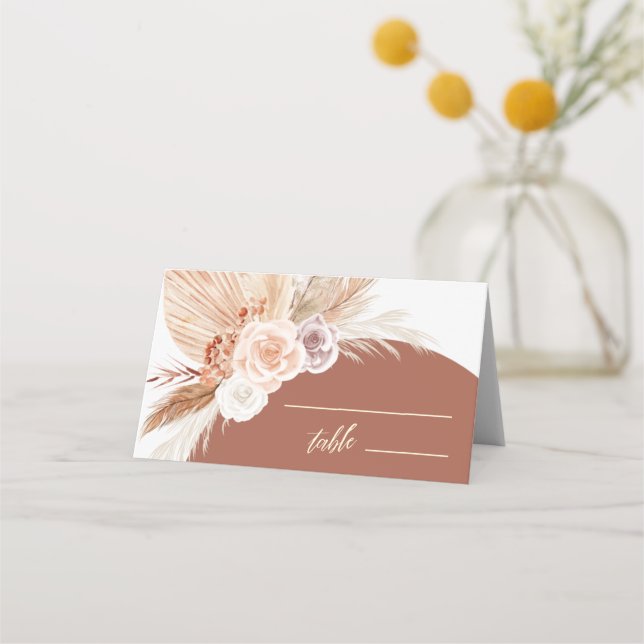 Muted Rose Pampas Terracotta Wedding Table Seat Place Card (Front)