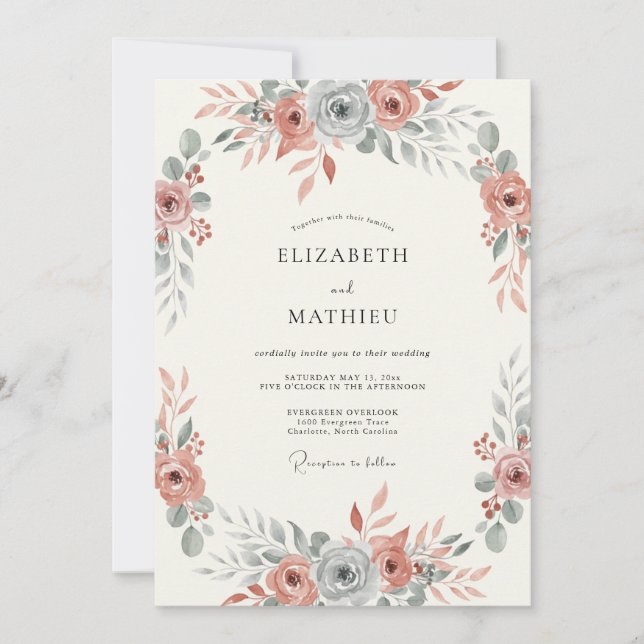 Muted Rose Slate Blue Botanical Wedding Invitation (Front)