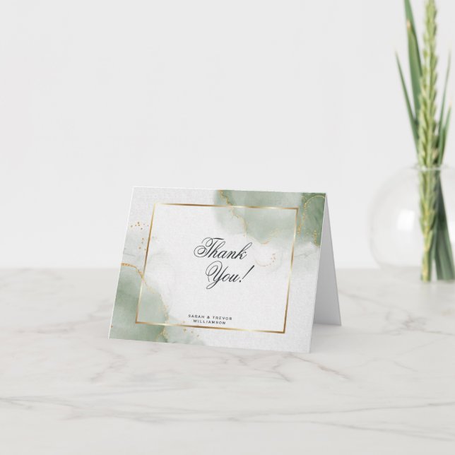 Muted Sage Abstract Marble Letterpress Thank You Card (Front)