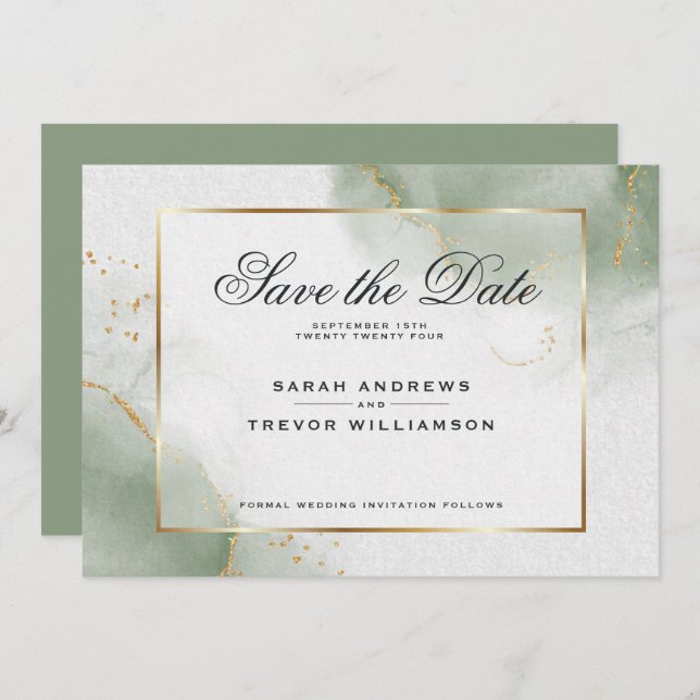 Muted Sage Abstract Marble Save the Date Invitation (Front/Back)
