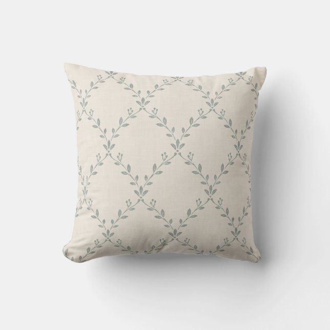 Muted Sage Floral Trellis Block Print Pattern Throw Pillow (Front)