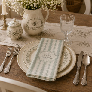Muted Sage French Country Stripes   Vintage Rustic Cloth Napkin