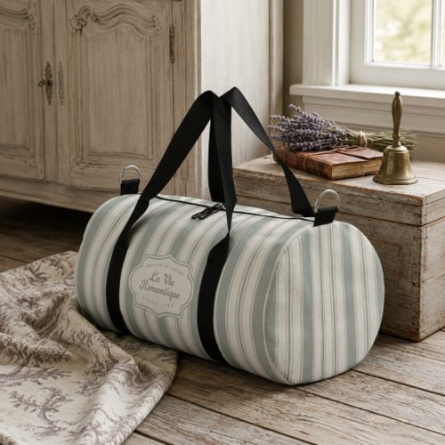 Muted Sage French Country Stripes | Vintage Rustic Duffle Bag