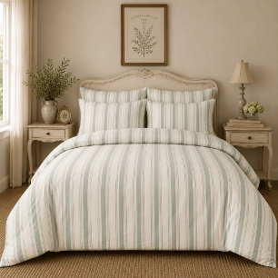 Muted Sage French Country Stripes Vintage Rustic Duvet Cover