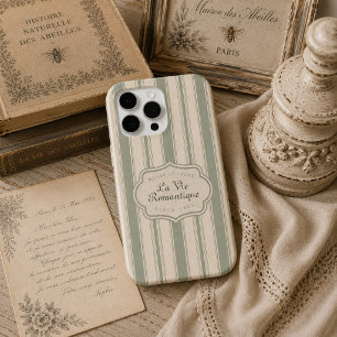 Muted Sage French Country Stripes Vintage Rustic iPhone 15 Pro Case