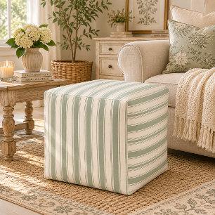 Muted Sage French Country Stripes Vintage Rustic Pouf