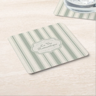 Muted Sage French Country Stripes Vintage Rustic Square Paper Coaster