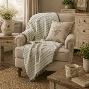 Muted Sage French Country Stripes Vintage Rustic Throw Blanket