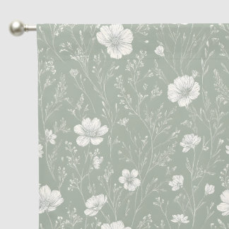 Muted Sage Green And White Wildflower Pattern Blackout Curtains