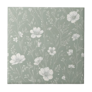 Muted Sage Green And White Wildflower Pattern Ceramic Tile