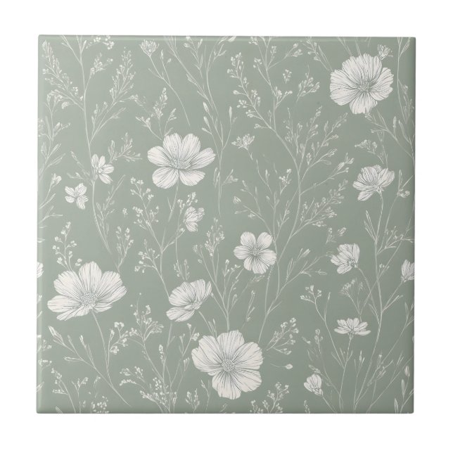 Muted Sage Green And White Wildflower Pattern Ceramic Tile (Front)